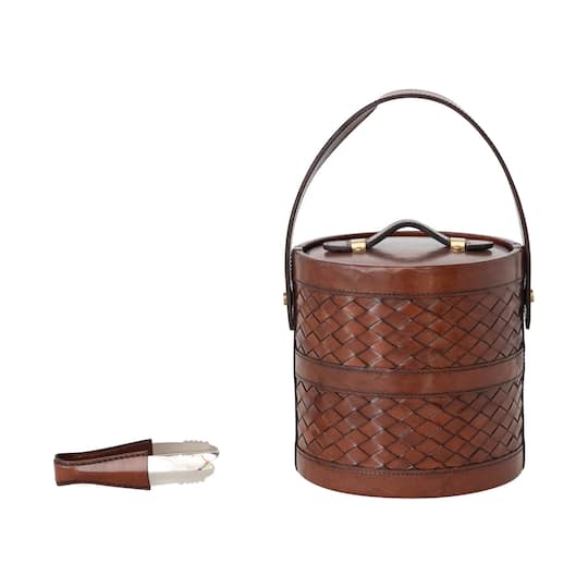 Hello Honey 2.5 Quart Reclaimed Wood, Woven Leather and Removable Stainless Steel Ice Bucket with Handle and Tongs, Cognac Color